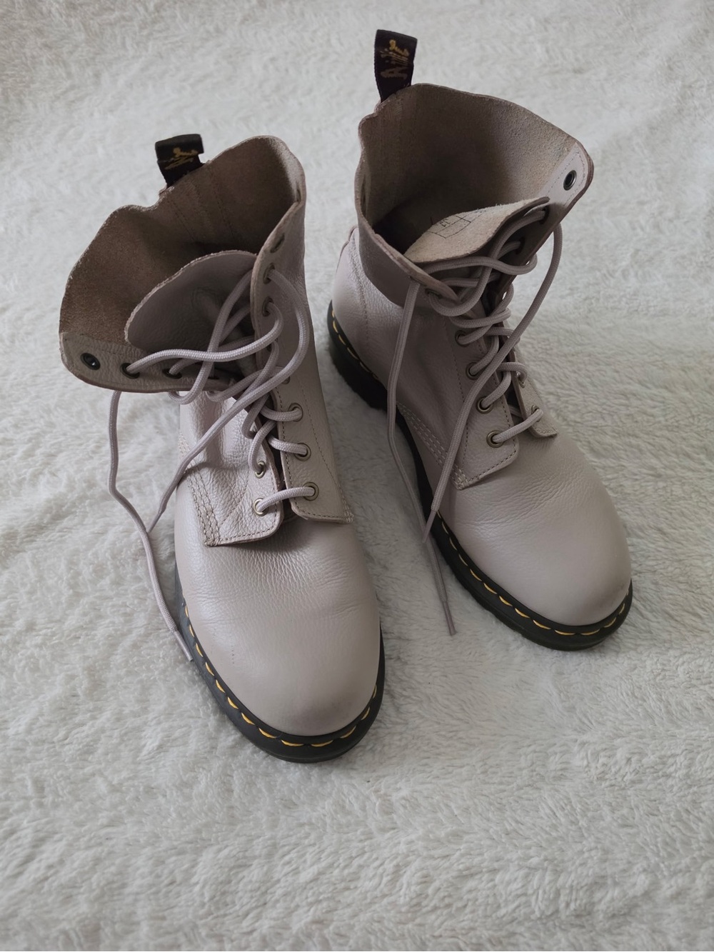 Dr. Martens Women's Lace-Up Leather Combat Boots in Light Gray